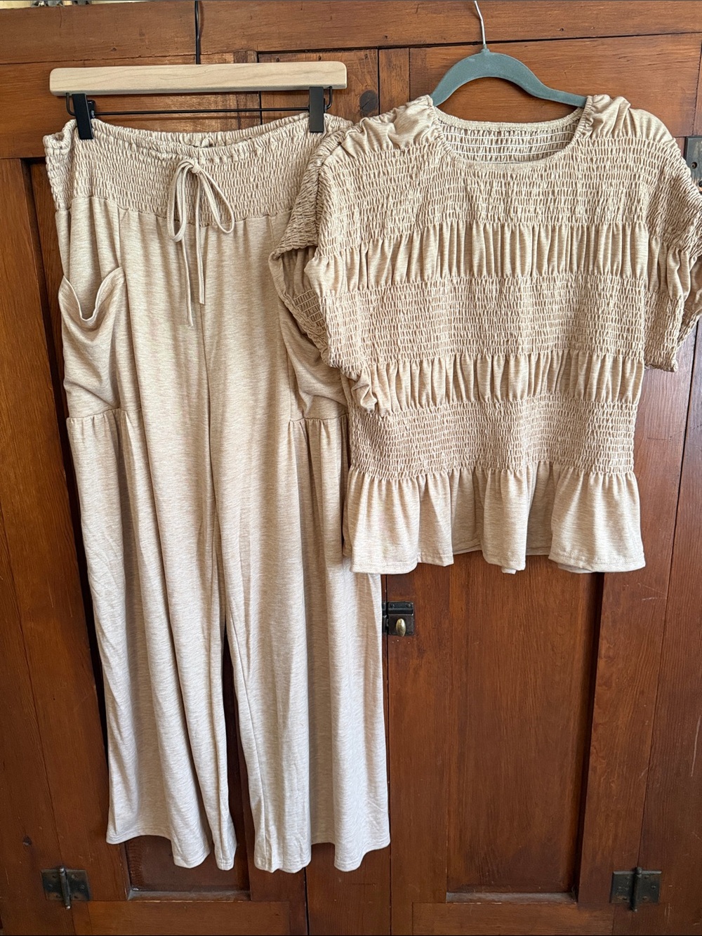 Beige Smocked Top & Wide-Leg Pants Set - Women